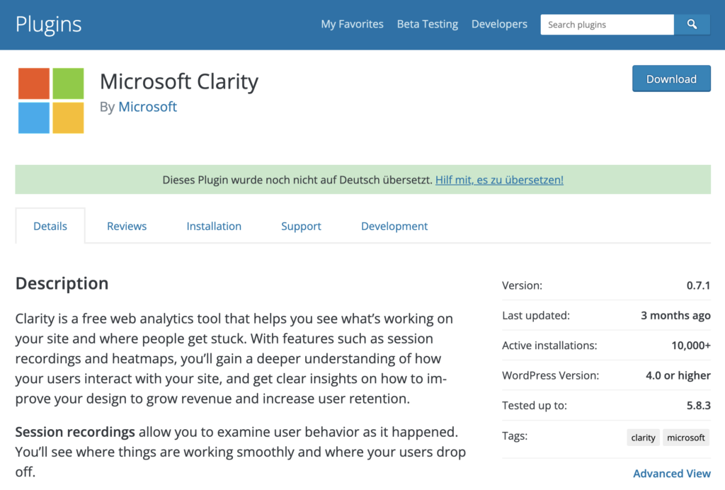 Microsoft Clarity WordPress Plugin page