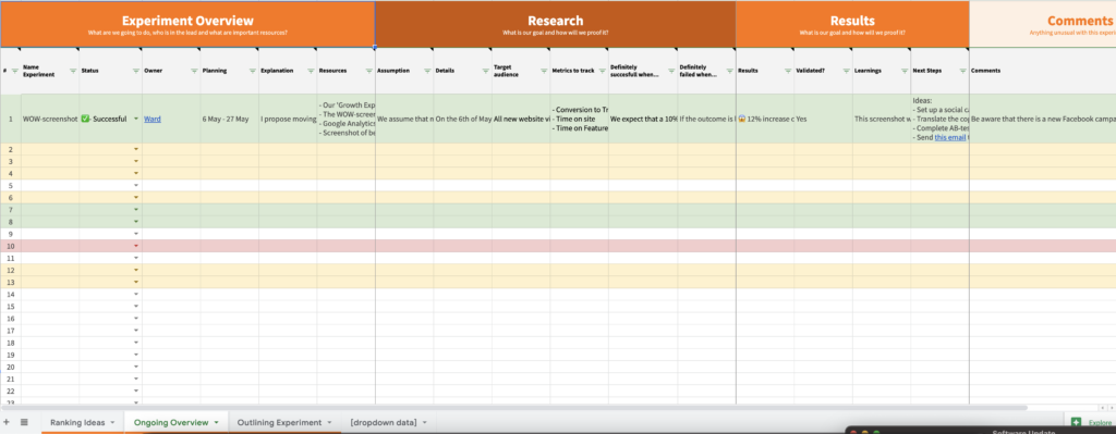 Google sheet growth experiment template by Growth with Ward